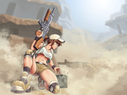 Rule 34 | 1boy, 1girl, abs, ammunition box, ankle boots, assault rifle, battle, boots, breasts, brown eyes, brown hair, character request, crop top, crop top overhang, dust cloud, finger on trigger, fio germi, glasses, grenade launcher, gun, heavy machine gun, hiding, highres, holding, holding gun, holding weapon, knee pads, lyoung0j, machine gun, making-of available, medium breasts, metal slug, muscular, muscular male, on one knee, rifle, round eyewear, rubble, short hair, short ponytail, short shorts, shorts, socks, solo focus, thighs, toned, underbarrel grenade launcher, underboob, weapon, wristband