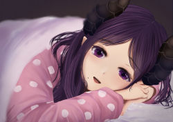 Rule 34 | 1girl, nanashi inc., :d, bed sheet, dc24v, honey strap, horns, long hair, long sleeves, looking at viewer, lying, mole, mole under eye, on bed, on stomach, open mouth, parted bangs, pink sleeves, polka dot sleeves, pov across bed, purple eyes, purple hair, saionji mary, smile, solo, tears, under covers, virtual youtuber