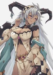 1girl breasts commentary dark-skinned_female dark_skin detached_sleeves fang fediel_(granblue_fantasy) granblue_fantasy hair_between_eyes highres horns large_breasts long_hair looking_to_the_side navel pppppknw purple_eyes smile solo twitter_username white_background white_hair