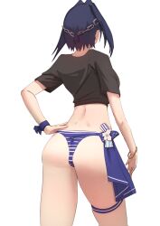 Rule 34 | 1girl, angelchama, ass, back, bikini, black shirt, blue hair, bow, breasts, chain, chain headband, dimples of venus, from behind, hand on own hip, highres, hololive, hololive english, hololive summer 2023 swimsuit, large breasts, no pants, ouro kronii, purple bikini, purple bow, shirt, short hair, short sleeves, simple background, solo, swimsuit, t-shirt, thigh strap, thighs, tied shirt, virtual youtuber, white background, wrist bow