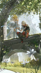 Rule 34 | 1boy, 1girl, absurdres, animal, animal on hand, arch, armor, bare shoulders, blonde hair, breasts, brown shorts, bug, building, butterfly, butterfly on hand, day, detached sleeves, dress, drinkdrink, falling leaves, floating clothes, floating hair, flower, genshin impact, grass, hair flower, hair ornament, halter dress, halterneck, hand on own thigh, hand up, highres, index finger raised, insect, japanese armor, japanese clothes, kaedehara kazuha, knees up, layered clothes, leaf, leaning forward, pantyhose under shorts, looking at another, looking away, looking down, lumine (genshin impact), multicolored hair, outdoors, pantyhose, plant, ponytail, red pantyhose, red scarf, ruins, sandals, scarf, scenery, shin guards, short sleeves, shorts, sitting, smile, standing, streaked hair, thighhighs, white dress, white flower, white thighhighs, wind, yellow eyes
