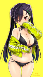 Rule 34 | 1girl, bikini, black bikini, black hair, blush, breasts, cleavage, collar, covering own mouth, earrings, green nails, groin, hair ornament, hair over one eye, hairclip, heart, heart tattoo, highres, jacket, jewelry, kirikirimai (kkm), large breasts, long hair, looking at viewer, nail polish, navel, off shoulder, one eye closed, open clothes, open jacket, original, purple hair, red eyes, simple background, sleeves past wrists, solo, standing, swimsuit, tattoo, twintails, very long hair, yellow background