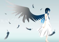 Rule 34 | 1girl, akiyama mio, angel, barefoot, blue eyes, dress, feathers, gradient background, highres, k-on!, long hair, no lineart, one wing angel, profile, single wing, solo, tennen ahoke, wings