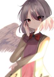 Rule 34 | 1girl, absurdres, blurry, bow, bowtie, braid, closed mouth, commentary, french braid, grey hair, highres, kishin sagume, legacy of lunatic kingdom, long sleeves, looking at viewer, red bow, red bowtie, red eyes, shion 343, short hair, simple background, single wing, solo, touhou, twitter username, upper body, white background, white wings, wings