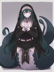 Rule 34 | 1girl, black dress, blush, breasts, closed mouth, dress, green hair, grey background, habit, hair between eyes, highres, lamia, long hair, long sleeves, looking at viewer, monster girl, nun, original, own hands clasped, own hands together, pale skin, simple background, smile, snake hair, solo, tail, very long hair, yellow eyes, yonaga san