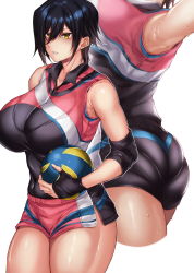 Rule 34 | 1girl, armpits, ass, ball, bare shoulders, black hair, bralines, breasts, collared shirt, commentary request, elbow sleeve, fingerless gloves, gloves, hair between eyes, highres, hikari (komitiookami), holding, holding ball, large breasts, multicolored clothes, multicolored shirt, multicolored shorts, multiple views, original, pantylines, parted lips, shiny skin, shirt, short hair, short shorts, shorts, sleeveless, sportswear, sweat, thick thighs, thighs, volleyball, volleyball (object), volleyball uniform, yellow eyes