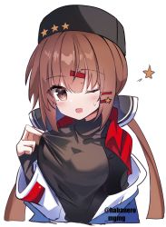 Rule 34 | 1girl, black bow, black hat, black sweater, bow, brown eyes, brown hair, fathom, fur hat, hair bow, hair ornament, hairclip, hat, highres, kantai collection, long hair, looking at viewer, low twintails, one-hour drawing challenge, one eye closed, papakha, simple background, solo, sweater, tashkent (kancolle), toeless footwear, twintails, upper body, white background
