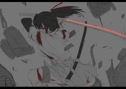 Rule 34 | 1girl, bad id, bad twitter id, blood, blood on face, glowing, glowing eyes, hair tie, holding, holding sword, holding weapon, ise (kancolle), japanese clothes, kantai collection, letterboxed, limited palette, long hair, niwatazumi, ponytail, red eyes, sheath, solo, sword, thigh strap, turret, two-handed sword, weapon