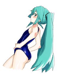 Rule 34 | 1girl, green eyes, green hair, hands on own hips, hatsune miku, long hair, matching hair/eyes, ronsu, simple background, solo, swimsuit, very long hair, vocaloid, white background