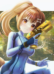 Rule 34 | 1girl, absurdres, alternate hairstyle, animal ears, blue bodysuit, blush, bodysuit, bone hair ornament, breasts, brown eyes, brown hair, cartoon bone, closed mouth, commentary request, cosplay, covered navel, dog ears, dog girl, dog tail, gun, hair ornament, high ponytail, highres, holding, holding gun, holding weapon, hololive, inugami korone, long hair, looking at viewer, medium breasts, metroid, metroid dread, nintendo, ponytail, resolution mismatch, revision, samus aran, samus aran (cosplay), solo, source smaller, tail, v-shaped eyebrows, very long hair, virtual youtuber, wajuniorbox, weapon, zero suit