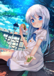 Rule 34 | 1girl, :o, bench, blue eyes, blue hair, blue neckerchief, blush, building, burger, chinomaron, commentary request, day, dress, feet out of frame, food, gochuumon wa usagi desu ka?, hair between eyes, hair ornament, hand up, highres, holding, holding food, kafuu chino, lamppost, long hair, looking at viewer, neckerchief, on bench, outdoors, park bench, parted lips, puffy short sleeves, puffy sleeves, sailor collar, sailor dress, short sleeves, signature, sitting, solo, tree, very long hair, white dress, white sailor collar, window, x hair ornament