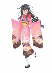 Rule 34 | 10s, 1girl, :d, ^ ^, alternate costume, black hair, blush, bow, closed eyes, commentary request, facing viewer, floral print, full body, furisode, gradient hair, hair between eyes, happy, hatsushimo (kancolle), highres, japanese clothes, kantai collection, kimono, long hair, long sleeves, low-tied long hair, multicolored hair, obi, okobo, open mouth, print kimono, red bow, sandals, sash, simple background, smile, solo, tabi, walking, white background, white legwear, zaki (2872849)