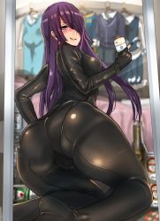 Rule 34 | 1girl, ass, bodysuit, breasts, cellphone, hair over one eye, holding, holding phone, iphone, large breasts, long hair, looking at mirror, mirror, nail polish, panzer (p.z), phone, purple eyes, purple hair, reflection, selfie, smartphone, solo