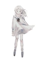 Rule 34 | 1girl, absurdres, bell, c cand1e, dress, frilled dress, frills, full body, grey eyes, highres, long hair, long sleeves, original, simple background, solo, white background, white dress, white hair