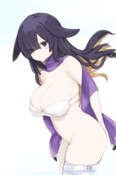 Rule 34 | 1girl, animal ears, bandaged leg, bandages, bikini, bikini top only, black eyes, black hair, blonde hair, blue archive, breasts, cleavage, closed mouth, commentary request, eyes visible through hair, hair over one eye, haori, highres, japanese clothes, large breasts, long hair, looking at viewer, lop rabbit ears, multicolored hair, navel, rabbit ears, sa (nax49), solo, swimsuit, tsukuyo (blue archive), two-tone hair, white background, white bikini