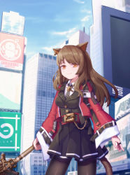 Rule 34 | 1girl, animal ears, arknights, belt, belt pouch, black jacket, black necktie, black pantyhose, black skirt, blue sky, breasts, brown hair, building, buttons, cat ears, cat tail, city, closed mouth, cloud, cloudy sky, collared shirt, cowboy shot, day, earrings, highres, jacket, jewelry, ling huanxiang, long hair, looking at viewer, medium breasts, miniskirt, name tag, necktie, open clothes, open jacket, orange eyes, outdoors, pantyhose, penguin logistics logo, pleated skirt, pouch, red jacket, rhine lab logo, ring, shirt, skirt, sky, skyfire (arknights), smile, solo, staff, standing, star (symbol), striped clothes, striped necktie, striped neckwear, tail, vertical-striped clothes, vertical-striped necktie, white shirt, wide sleeves, wing collar