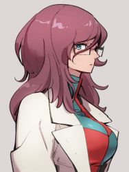 Rule 34 | 1girl, android 21, black-framed eyewear, blue eyes, breasts, checkered clothes, checkered dress, dragon ball, dragon ball fighterz, dress, glasses, grey background, hair between eyes, kemachiku, lab coat, large breasts, long hair, red hair, simple background, solo, upper body