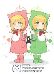Rule 34 | 2girls, :3, alternate costume, animal costume, blue archive, blunt bangs, blush stickers, boots, cat costume, cat tail, chibi, commentary request, english text, fighting stance, full body, green eyes, green footwear, hair ribbon, halo, highres, knee boots, light brown hair, logo, long sleeves, looking at viewer, midori (blue archive), momoi (blue archive), multiple girls, pocket, puffy cheeks, red eyes, red footwear, ribbon, short hair, siblings, sidelocks, simple background, sisters, smile, standing, tail, tress ribbon, twins, v-shaped eyebrows, white background, yosik