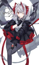 Rule 34 | 1girl, absurdres, ahoge, antenna hair, arknights, black gloves, black jacket, black scarf, black skirt, blush, chunta, commentary, controller, demon horns, detonator, english text, finger to mouth, fingerless gloves, foot out of frame, gloves, grenade launcher, grey hair, grey pantyhose, grey shirt, highres, holding, holding remote control, horns, jacket, layered skirt, lips, looking at viewer, miniskirt, multicolored hair, nail polish, off shoulder, one eye closed, open clothes, open jacket, orange eyes, pantyhose, parted lips, red hair, red nails, red skirt, remote control, scarf, shirt, short hair, simple background, sketch, skirt, smile, solo, speech bubble, torn clothes, torn scarf, two-tone hair, two-tone skirt, w (arknights), weapon, weapon on back, white background