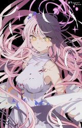 Rule 34 | 1girl, angel wings, blood, blood on clothes, blood on face, blue archive, blush, dress, feathered wings, flower, hair bun, hair flower, hair ornament, highres, inaeda kei, long hair, mika (blue archive), open mouth, pink hair, purple flower, single side bun, solo, white dress, white wings, wings, yellow eyes