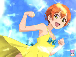 Rule 34 | 1girl, absurdres, bare shoulders, highres, hoshizora rin, looking at viewer, love live!, love live! school idol project, open mouth, orange hair, outdoors, short hair, smile, solo, user sjah7745, yellow eyes