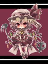 Rule 34 | 1girl, ascot, blonde hair, bobby socks, boooo-im, chibi, female focus, flandre scarlet, hat, mary janes, red eyes, shoes, side ponytail, socks, solo, embodiment of scarlet devil, touhou, wings, wrist cuffs