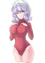 Rule 34 | 1girl, alternate costume, breasts, commentary request, covered navel, cowboy shot, cropped legs, groin, hands on own chest, highres, impossible clothes, large breasts, leotard, letty whiterock, light purple hair, long sleeves, looking at viewer, purple eyes, red leotard, short hair, simple background, solo, standing, thighs, touhou, triangular headpiece, turtleneck, heattech leotard, white background, white headwear, y2