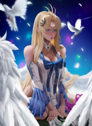 Rule 34 | 1girl, absurdres, aged up, ahoge, angel wings, bare shoulders, bird, blonde hair, blue bow, blue eyes, blush, bow, breasts, cleavage, commentary, detached collar, detached sleeves, dove, dress, english commentary, falling feathers, feathered wings, feathers, filo (tate no yuusha no nariagari), hair ornament, highres, hlulani, large breasts, long hair, long sleeves, open mouth, parted bangs, parted lips, pinup (style), sitting, solo, spread legs, tate no yuusha no nariagari, tattoo, very long hair, white wings, wide sleeves, wings