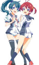 Rule 34 | 2girls, :d, ahoge, aqua eyes, ass, bow, green hair, hair bow, highres, holding hands, isshiki akane, kneepits, long hair, looking at viewer, multiple girls, non-web source, open mouth, ponytail, red eyes, red hair, saegusa wakaba, school uniform, screencap, scrunchie, short hair, short shorts, short twintails, shorts, smile, socks, thighhighs, twintails, vividred operation, zettai ryouiki