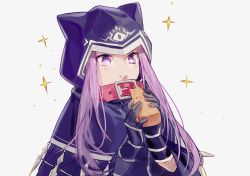 Rule 34 | 1girl, animal hood, bad id, bad twitter id, belt, belt buckle, belt collar, black cloak, black gloves, blush, buckle, cat hood, cloak, collar, commentary, csyday, eating, fate/grand order, fate (series), food, food on face, gloves, holding, holding food, hood, hooded, hooded cloak, long hair, medusa (fate), medusa (lancer) (fate), medusa (rider) (fate), open mouth, pie, pink hair, red collar, rider, simple background, solo