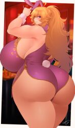 Rule 34 | 1girl, 2023, absurdres, ahoge, animal ears, artist name, ass, bare shoulders, blonde hair, blush, breasts, china dress, chinese clothes, chinese zodiac, curvy, dress, fake animal ears, fake tail, from behind, gigantic breasts, highres, huge ass, huge breasts, long hair, looking at viewer, looking back, nachocobana, new year, ponytail, purple eyes, rabbit ears, rabbit tail, rwby, sideboob, sleeveless, smile, solo, tail, thick thighs, thighs, wide hips, wrist cuffs, yang xiao long, year of the rabbit