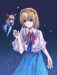 Rule 34 | 1girl, akino komichi, alice margatroid, apron, blonde hair, blue eyes, blue skirt, bow, capelet, female focus, hair bow, hairband, lance, long skirt, looking at viewer, polearm, red bow, shanghai doll, short hair, simple background, skirt, solo, string, touhou, weapon