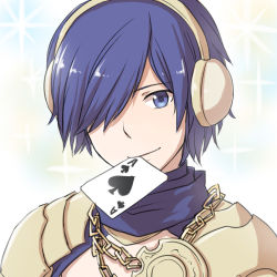 Rule 34 | 1boy, ace (playing card), ace of spades, alternate color, armor, blue eyes, blue hair, blue jacket, card, card in mouth, chain, closed mouth, commentary request, hair between eyes, headphones, jacket, jewelry, looking at viewer, male focus, mechanic (ragnarok online), mouth hold, natsuya (kuttuki), necklace, playing card, ragnarok online, short hair, shrug (clothing), simple background, smile, solo, spade (shape), upper body, white background, yellow armor
