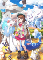 Rule 34 | 1girl, :d, ^ ^, backpack, bag, blue sky, boots, brown eyes, brown footwear, brown hair, cardigan, character request, closed eyes, cloud, cloudy sky, collared dress, commentary request, creatures (company), day, dress, drooling, flower, flower wreath, game freak, gen 5 pokemon, gloria (pokemon), green headwear, grey cardigan, hat, highres, hood, hood down, hooded cardigan, kaina (tsubasakuronikuru), long sleeves, looking at viewer, mountain, mouth drool, nintendo, open mouth, outdoors, pink dress, plaid, plaid legwear, pokemon, pokemon (creature), pokemon swsh, purple flower, red flower, short hair, sky, smile, socks, standing, tam o&#039; shanter, vanilluxe, white flower, yellow flower