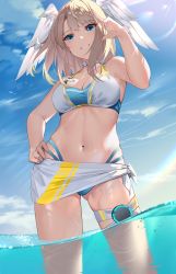 Rule 34 | 1girl, :d, absurdres, bare arms, bare shoulders, bikini, blonde hair, blue bikini, blue eyes, blue sky, blush, breasts, cleavage, collarbone, day, eunie (xenoblade), evan (pixiv7510743), gluteal fold, grin, hand on own hip, head wings, highres, large breasts, medium breasts, mismatched bikini, nail polish, navel, ocean, open mouth, outdoors, parted lips, photoshop (medium), sarong, short hair, sky, smile, solo, stomach, swimsuit, thigh strap, wading, water, white bikini, wings, xenoblade chronicles (series), xenoblade chronicles 3
