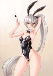 Rule 34 | 1girl, ahoge, armpits, arms up, bare hips, bare shoulders, black leotard, blush, breasts, card, cloel, covered navel, detached collar, girls&#039; frontline, gluteal fold, hair between eyes, highleg, highleg leotard, highres, leotard, long hair, looking at viewer, medium breasts, pkp (girls&#039; frontline), playboy bunny, playing card, shiny skin, side ponytail, silver hair, solo, standing, strapless, strapless leotard, tsurime, very long hair, yellow eyes
