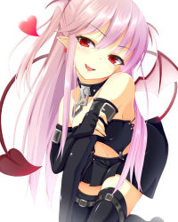 Rule 34 | 1girl, bad id, bad pixiv id, bat wings, belt, black gloves, black thighhighs, chain, demon girl, demon tail, elbow gloves, fang, fingerless gloves, gloves, head wings, heart, highres, holding own arm, kinta (distortion), long hair, navel, open mouth, original, pink hair, pointy ears, red eyes, simple background, skirt, smile, solo, tail, thighhighs, white background, wings