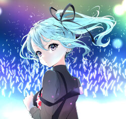 Rule 34 | 1girl, absurdres, blue eyes, blue hair, concert, earrings, expressionless, floral print, from behind, glowstick, highres, hololive, hoshimachi suisei, hoshimachi suisei (shout in crisis), jewelry, lavie (cestbonlavie), long hair, long sleeves, looking at viewer, looking back, multiple earrings, official alternate costume, ponytail, solo, suspenders, upper body, virtual youtuber