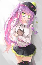 Rule 34 | 1girl, absurdres, alternate costume, animal ear legwear, beret, bespectacled, black hat, black skirt, black thighhighs, blue-framed eyewear, blush, book, bow, braid, breasts, cat ear legwear, closed mouth, commentary, drawstring, elphe, fang, fang out, frilled skirt, frills, glasses, green nails, hair ornament, hairclip, hand up, hat, heart, highres, holding, holding book, hololive, hood, hood down, hoodie, long hair, long sleeves, looking at viewer, medium breasts, multicolored hair, multicolored nails, nail polish, pink bow, pink hair, pink nails, pleated skirt, purple eyes, semi-rimless eyewear, side ponytail, skirt, sleeves past wrists, smile, solo, symbol-only commentary, thighhighs, tokoyami towa, two-tone hair, under-rim eyewear, very long hair, virtual youtuber, white hoodie