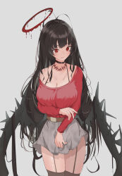 Rule 34 | 1girl, absurdres, alternate costume, antenna hair, averting eyes, belt, black hair, black wings, blood, blood halo, blue archive, blush, breasts, casual, choker, cleavage, diksiuw, garter straps, halo, highres, large breasts, liquid halo, low-cut, melting halo, red eyes, red halo, simple background, skirt, spaghetti strap, tsurugi (blue archive), white background, wings