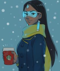 Rule 34 | 1girl, bad id, bad twitter id, black hair, blue-tinted eyewear, blue-tinted glasses, blue coat, brown eyes, buttons, closed mouth, coat, coffee, cup, cutebimu, dark-skinned female, dark skin, earrings, eyeliner, forehead jewel, from side, glasses, hand up, holding, holding cup, jewelry, long hair, long sleeves, looking at viewer, makeup, nose, parted bangs, scarf, smile, snowing, solo, starbucks, sunglasses, symmetra (overwatch), tinted eyewear, upper body, visor, yellow scarf