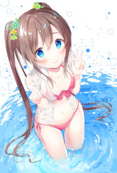 Rule 34 | 1girl, bikini, blue eyes, blush, breasts, brown hair, chitetan, closed mouth, collarbone, collared shirt, front-tie bikini top, front-tie top, hands up, long hair, looking at viewer, medium breasts, navel, open clothes, open shirt, original, pink bikini, see-through, shirt, side-tie bikini bottom, sidelocks, solo, swimsuit, tareme, thighs, twintails, v, wading, wet, wet clothes, wet shirt