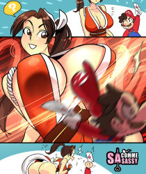 Rule 34 | 1boy, 1girl, absurdres, ass, bent over, breast slap, breasts, brown hair, cleavage, facial hair, fatal fury, gloves, grin, hat, highres, letter, mario, mario (series), mustache, ninja, nintendo, open mouth, ponytail, sasa tseng, shiranui mai, size difference, smile, snk, super mario bros. 1, super smash bros., sweat, the king of fighters, thighs