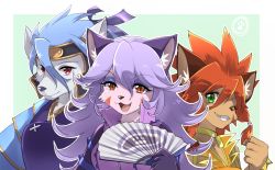 Rule 34 | 1girl, 2boys, :3, animal ear fluff, animal ears, animal nose, armor, blue hair, body fur, border, bracelet, breastplate, breasts, brown fur, calua napage, cat boy, cat ears, cat girl, choker, clenched hand, eyeshadow, fang, fangs, folding fan, furry, furry female, green background, green eyes, gren sacher, grin, hair between eyes, hair ribbon, half-closed eyes, hand fan, hand up, happy, high collar, highres, holding, jacket, japanese armor, jewelry, little tail bronx, long hair, looking at viewer, makeup, mask, medium breasts, multiple boys, namagaki yukina, one eye closed, opera kranz, outline, outside border, paw print, pink fur, purple eyeshadow, purple hair, purple jacket, purple ribbon, red eyes, red fur, ribbon, shoulder armor, simple background, smile, sode, solatorobo, spiked bracelet, spikes, teeth, two-tone fur, upper body, white border, white outline, wink, wolf boy, wolf ears, yellow choker, zipper