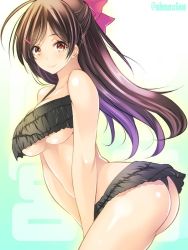 Rule 34 | 10s, 1girl, alternate costume, ass, bare arms, bare shoulders, bent over, bikini, black bikini, blush, breasts, brown eyes, brown hair, closed mouth, collarbone, cowboy shot, frilled bikini, frills, from side, hair ornament, hair ribbon, kadokawa shoten, kantai collection, large breasts, long hair, looking at viewer, looking to the side, maki (seventh heaven maxion), mamiya (kancolle), one-hour drawing challenge, pink ribbon, ribbon, smile, solo, swimsuit, twitter username, underboob