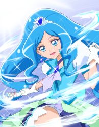 Rule 34 | 1girl, blue dress, blue vest, choker, cure fontaine, dress, earrings, gloves, green skirt, hair ornament, healin&#039; good precure, healing wand, heart, heart hair ornament, highres, jewelry, looking at viewer, magical girl, moritakusan, necklace, open mouth, precure, puffy sleeves, sawaizumi chiyu, shorts under dress, skirt, solo, standing, standing on one leg, tiara, vest, white gloves