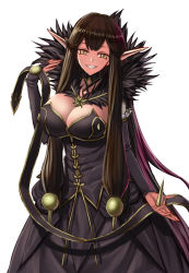 Rule 34 | 1girl, arisku, black hair, breasts, bridal gauntlets, cleavage, elbow gloves, fate/apocrypha, fate (series), fur trim, gloves, grin, highres, large breasts, long hair, looking at viewer, pointy ears, semiramis (fate), smile, solo, spikes, very long hair, yellow eyes