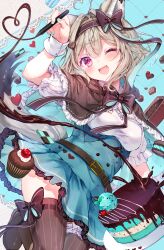 Rule 34 | 1girl, ;d, absurdres, ahoge, amakami konomi, black bow, blonde hair, blue background, blue dress, bow, breasts, cake, cherry, chocolate, dress, food, foot out of frame, fruit, hair between eyes, hair bow, hand up, highres, indie virtual youtuber, leg ribbon, mint chocolate, noyu (noyu23386566), one eye closed, open mouth, pen, purple eyes, ribbon, small breasts, smile, tail, two-tone background, virtual youtuber, white background