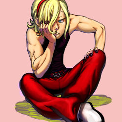 Rule 34 | 1boy, ash crimson, belt, black nails, blonde hair, blue eyes, boots, head rest, freckles, full body, gorgeo, hair over one eye, hairband, male focus, muscular, nail polish, nose, pants, red pants, short hair, sitting, solo, tank top, the king of fighters