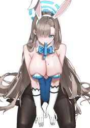 Rule 34 | 1girl, absurdres, animal ears, asuna (blue archive), asuna (bunny) (blue archive), bare shoulders, black pantyhose, blue archive, blue bow, blue bowtie, blue eyes, blue halo, blue leotard, bow, bowtie, breasts, brown hair, commentary, detached collar, fake animal ears, gloves, hair over one eye, halo, highres, huge breasts, kamu (stead06y), leotard, long hair, looking at viewer, mole, mole on breast, mouth hold, no shoes, official alternate costume, one eye covered, own hands together, pantyhose, playboy bunny, rabbit ears, simple background, sitting, solo, strapless, strapless leotard, thighband pantyhose, traditional bowtie, very long hair, wariza, white background, white gloves